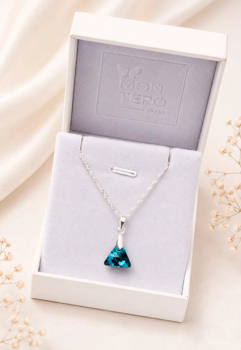 COLLAR JOYAS MONTERO PLATA ITALIANA 925 TRINIDAD Y CRISTALES GENUINOS BERMUDA BLUE - 3