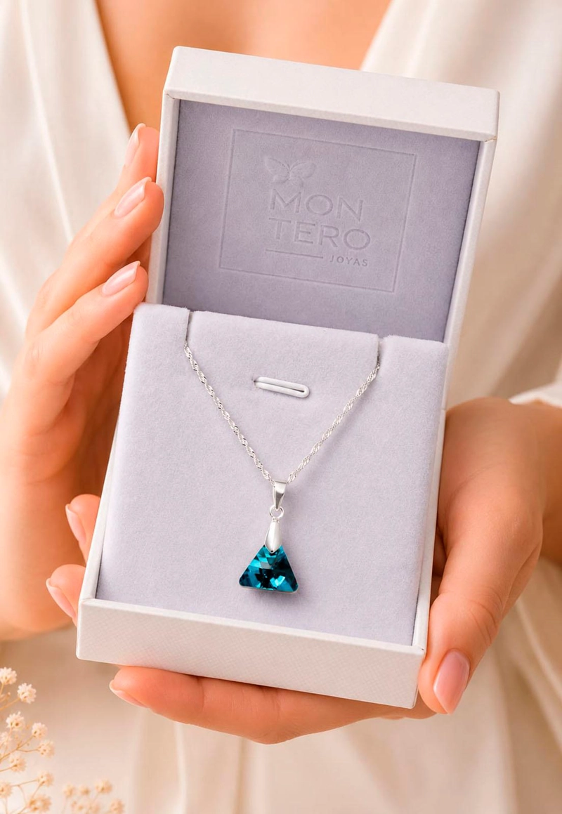 COLLAR JOYAS MONTERO PLATA ITALIANA 925 TRINIDAD Y CRISTALES GENUINOS BERMUDA BLUE - 4