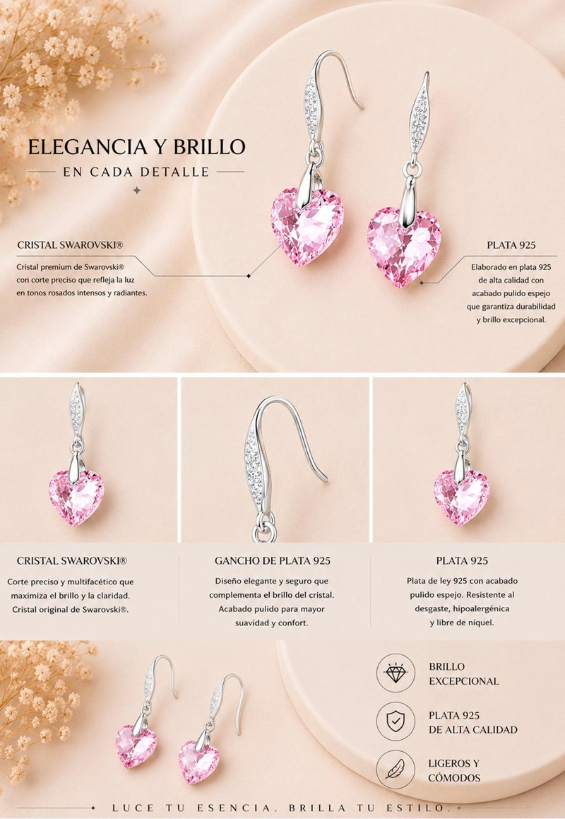 AROS JOYAS MONTERO AMOR PLATA ITALIANA 925 Y CRISTALES GENUINOS ROSE SHIMMER - 8
