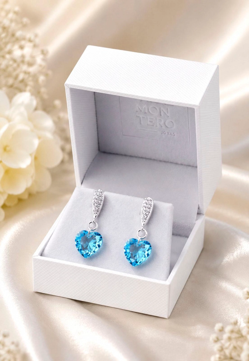 AROS JOYAS MONTERO AMOR BAÑO DE ORO BLANCO CRISTAL GENUINO AQUAMARINE SHIIMMER - 3