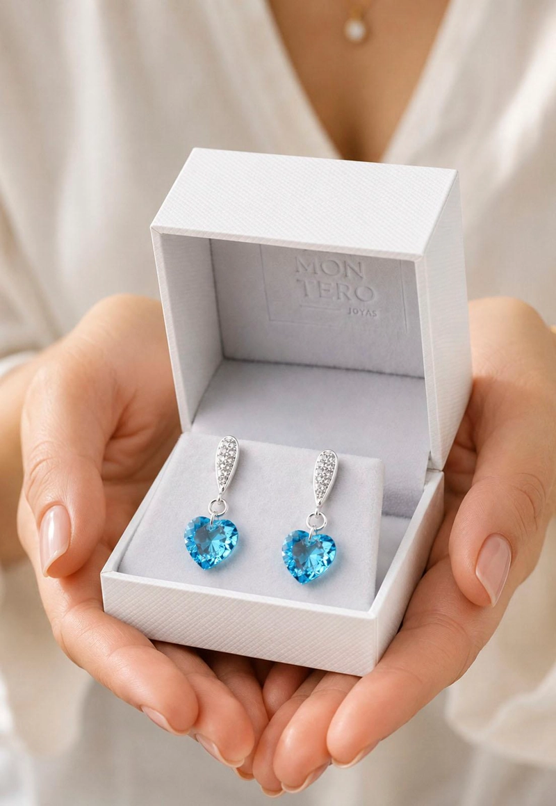 AROS JOYAS MONTERO AMOR BAÑO DE ORO BLANCO CRISTAL GENUINO AQUAMARINE SHIIMMER - 4