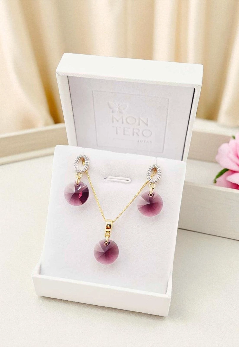 CONJUNTO JOYAS MONTERO MADRID GOLD CRISTALES GENUINOS AMETHYST - 2