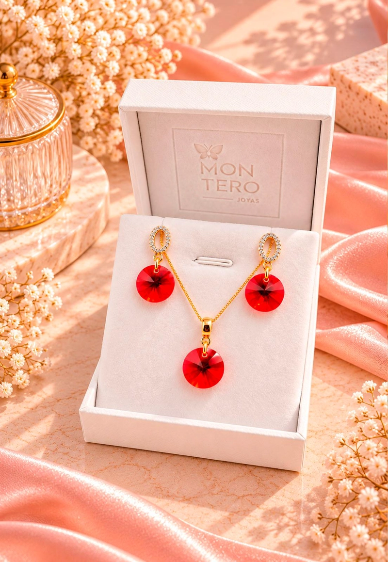 CONJUNTO JOYAS MONTERO MADRID GOLD CRISTALES GENUINOS SCARLET - 3