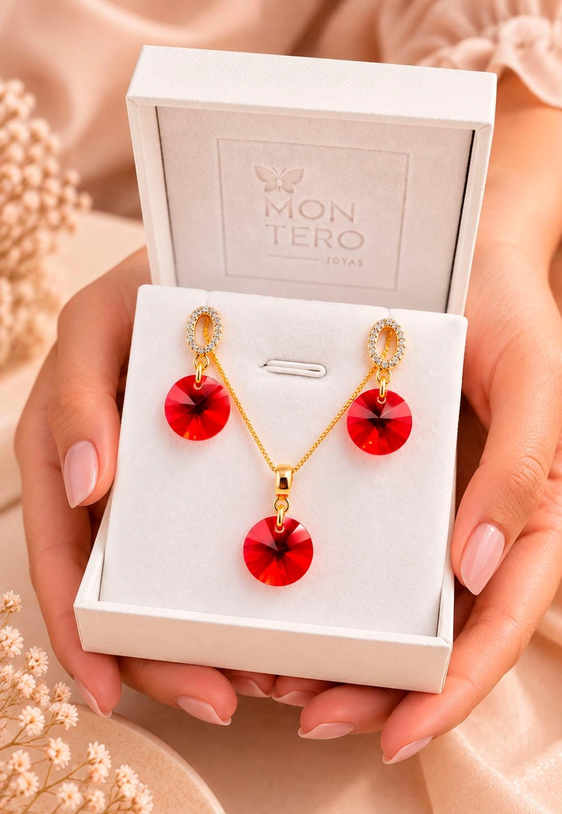 CONJUNTO JOYAS MONTERO MADRID GOLD CRISTALES GENUINOS SCARLET - 6