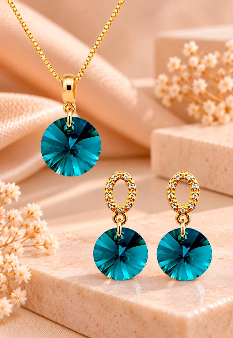CONJUNTO JOYAS MONTERO MADRID GOLD CRISTALES GENUINOS EMERALD - 2