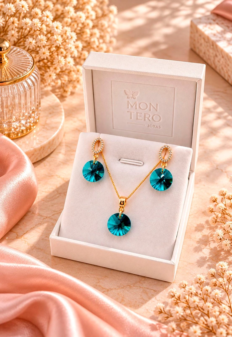 CONJUNTO JOYAS MONTERO MADRID GOLD CRISTALES GENUINOS EMERALD - 3