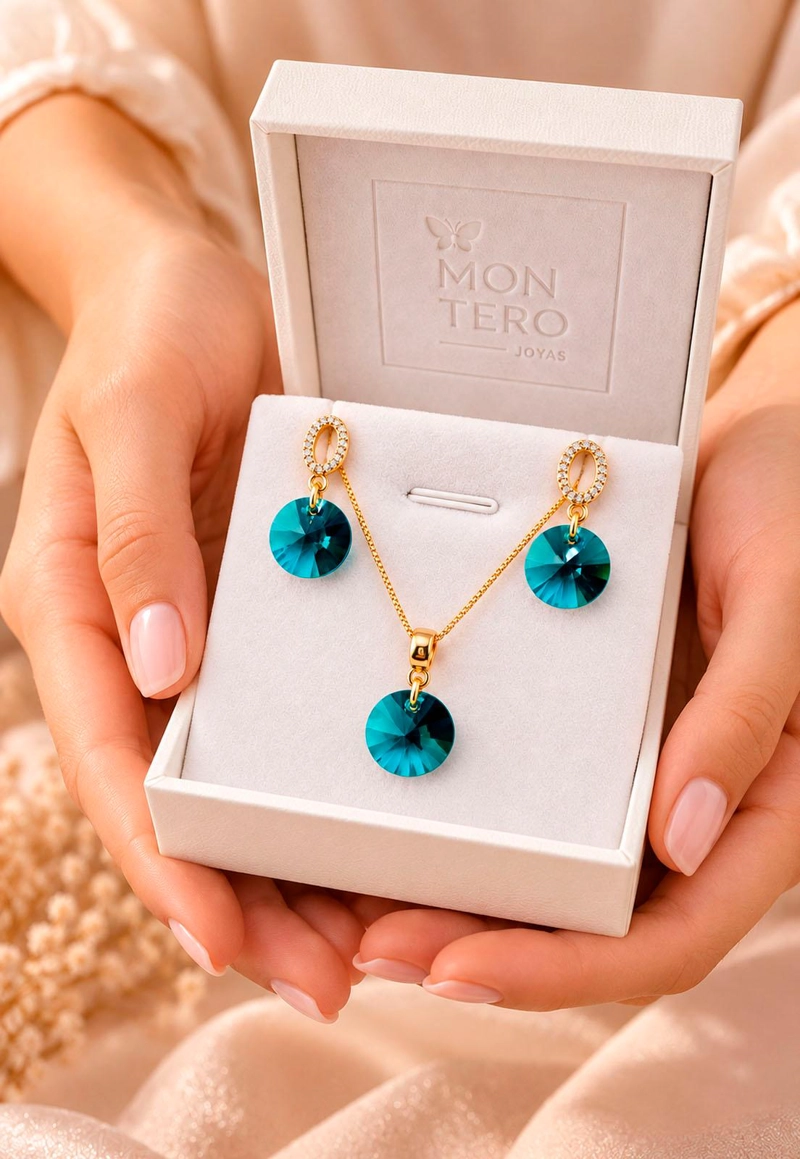 CONJUNTO JOYAS MONTERO MADRID GOLD CRISTALES GENUINOS EMERALD - 7