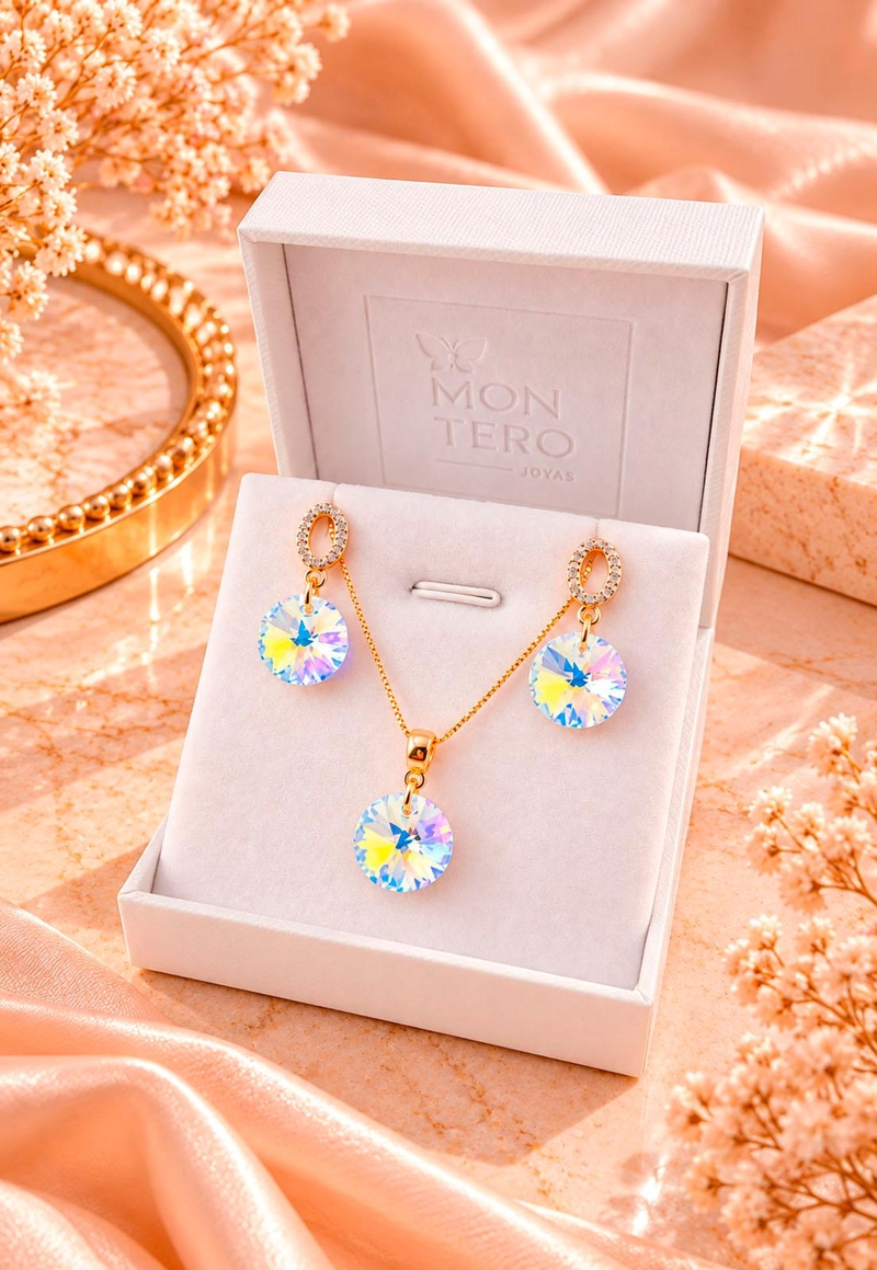 CONJUNTO JOYAS MONTERO MADRID GOLD CRISTALES GENUINOS AURORA BOREAL - 3