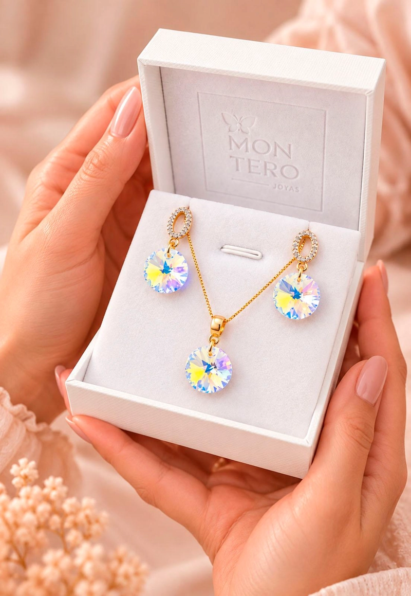 CONJUNTO JOYAS MONTERO MADRID GOLD CRISTALES GENUINOS AURORA BOREAL - 5