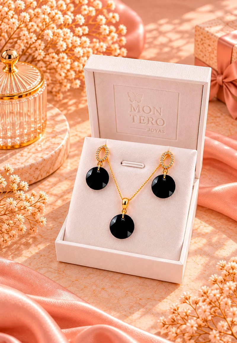 CONJUNTO JOYAS MONTERO MADRID GOLD CRISTALES GENUINOS JET - 3