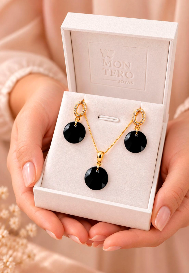 CONJUNTO JOYAS MONTERO MADRID GOLD CRISTALES GENUINOS JET - 6