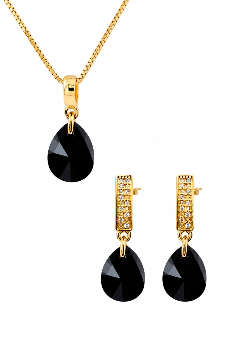CONJUNTO JOYAS MONTERO ENCANTO GOLD CRISTALES GENUINOS JET - 1