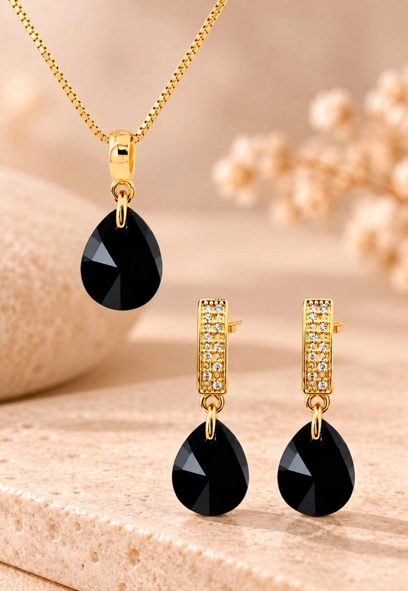CONJUNTO JOYAS MONTERO ENCANTO GOLD CRISTALES GENUINOS JET - 2