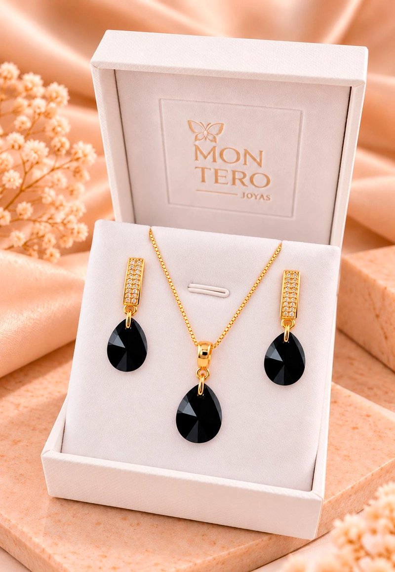 CONJUNTO JOYAS MONTERO ENCANTO GOLD CRISTALES GENUINOS JET - 3