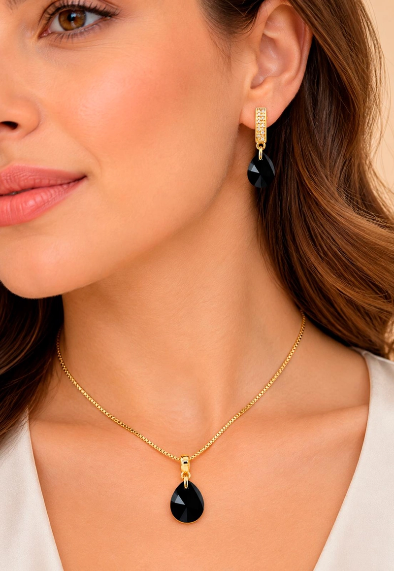 CONJUNTO JOYAS MONTERO ENCANTO GOLD CRISTALES GENUINOS JET - 4