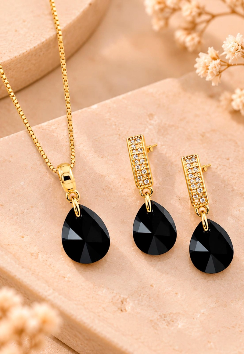 CONJUNTO JOYAS MONTERO ENCANTO GOLD CRISTALES GENUINOS JET - 5