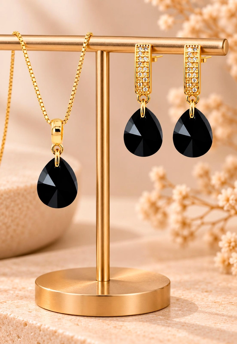 CONJUNTO JOYAS MONTERO ENCANTO GOLD CRISTALES GENUINOS JET - 6