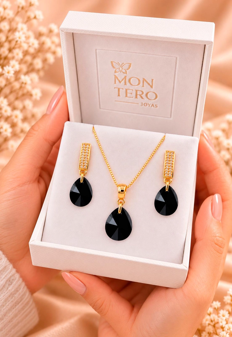 CONJUNTO JOYAS MONTERO ENCANTO GOLD CRISTALES GENUINOS JET - 7