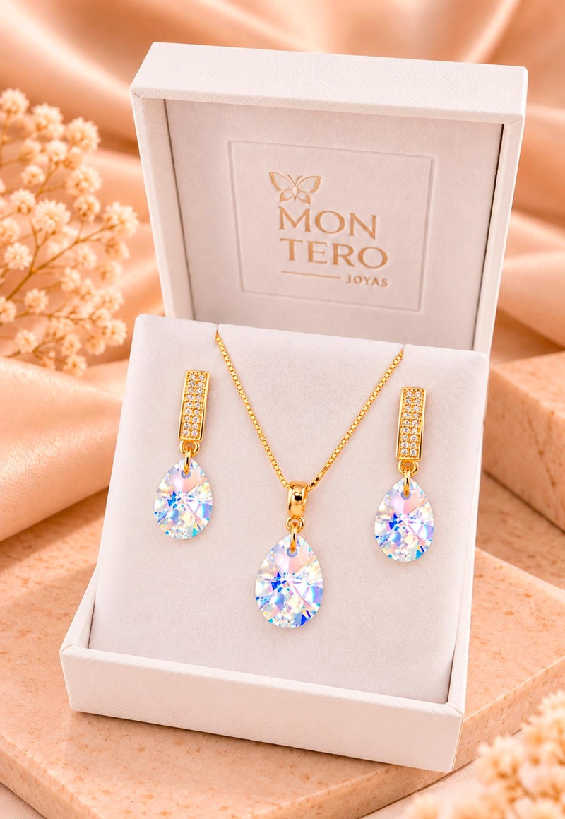 CONJUNTO JOYAS MONTERO ENCANTO GOLD CRISTALES GENUINOS AURORA BOREAL - 3