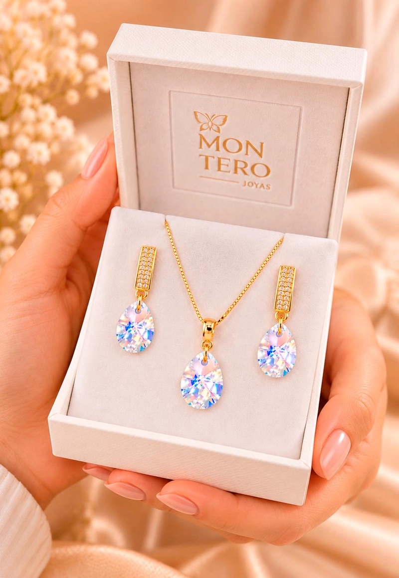 CONJUNTO JOYAS MONTERO ENCANTO GOLD CRISTALES GENUINOS AURORA BOREAL - 7