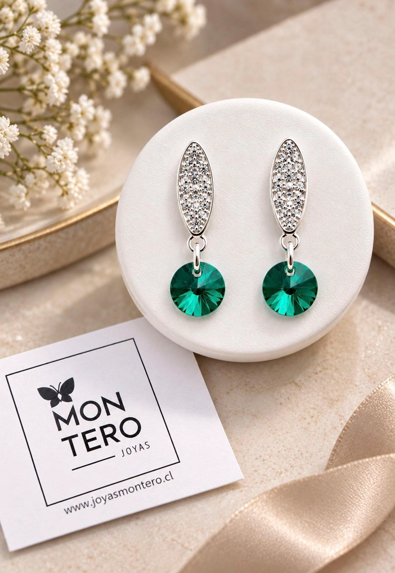 AROS JOYAS MONTERO PUNTO DE LUZ BAÑO DE ORO BLANCO CRISTALES GENUINOS EMERALD - 8