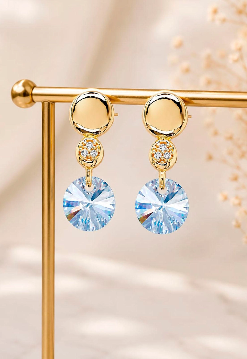 AROS JOYAS MONTERO PUNTO DE LUZ GOLD CRISTAL GENUINO BLUE SHADE ENCHAPADO EN ORO 18K - 2