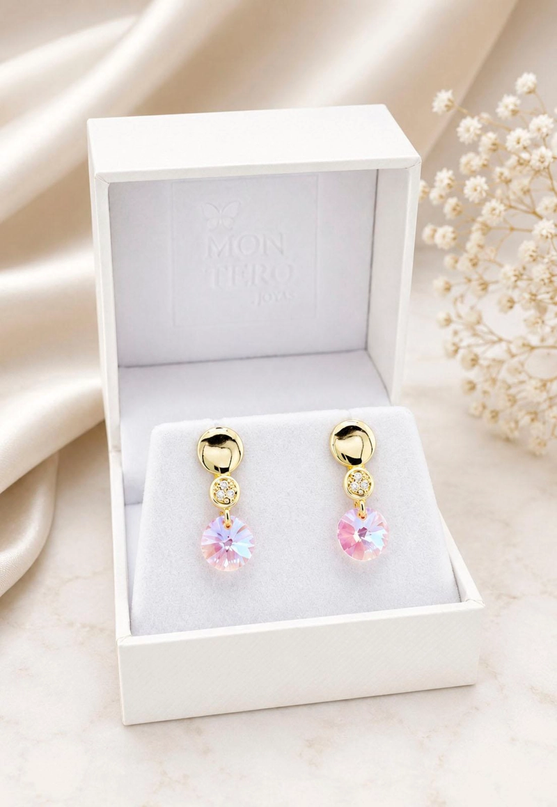 AROS JOYAS MONTERO PUNTO DE LUZ GOLD CRISTAL GENUINO ROSE SHIMMER ENCHAPADO EN ORO 18K - 3