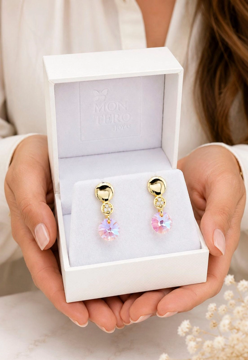 AROS JOYAS MONTERO PUNTO DE LUZ GOLD CRISTAL GENUINO ROSE SHIMMER ENCHAPADO EN ORO 18K - 4