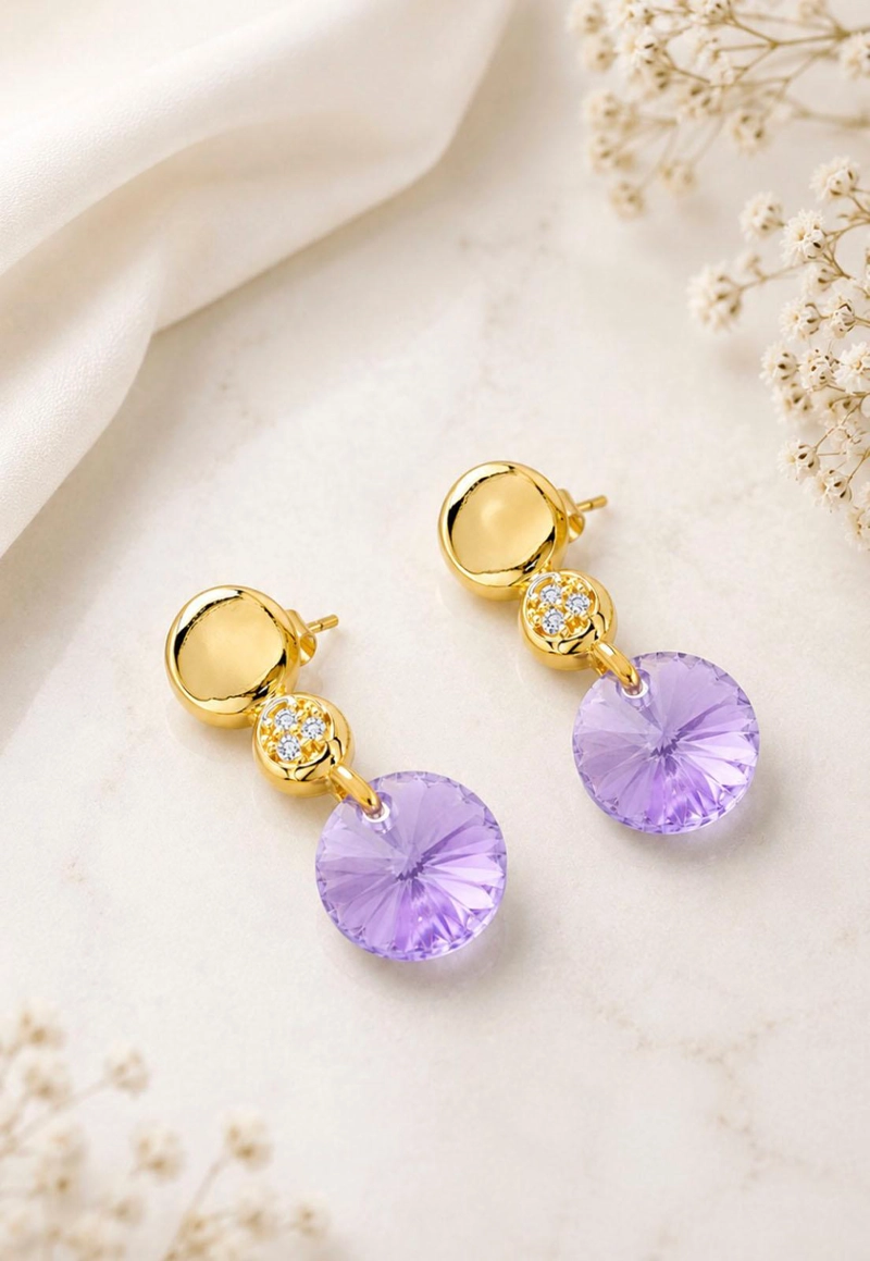 AROS JOYAS MONTERO PUNTO DE LUZ GOLD CRISTAL GENUINO VIOLETA ENCHAPADO EN ORO 18K - 5