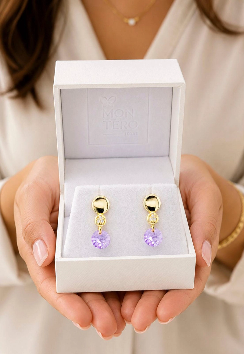 AROS JOYAS MONTERO PUNTO DE LUZ GOLD CRISTAL GENUINO VIOLETA ENCHAPADO EN ORO 18K - 6
