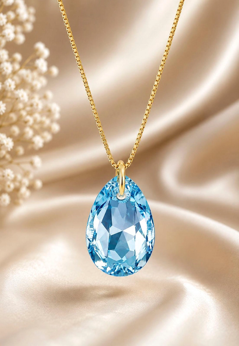 COLLAR JOYAS MONTERO GOTA DE LUZ GOLD CRISTALES GENUINOS AQUAMARINE SHIMMER - 2