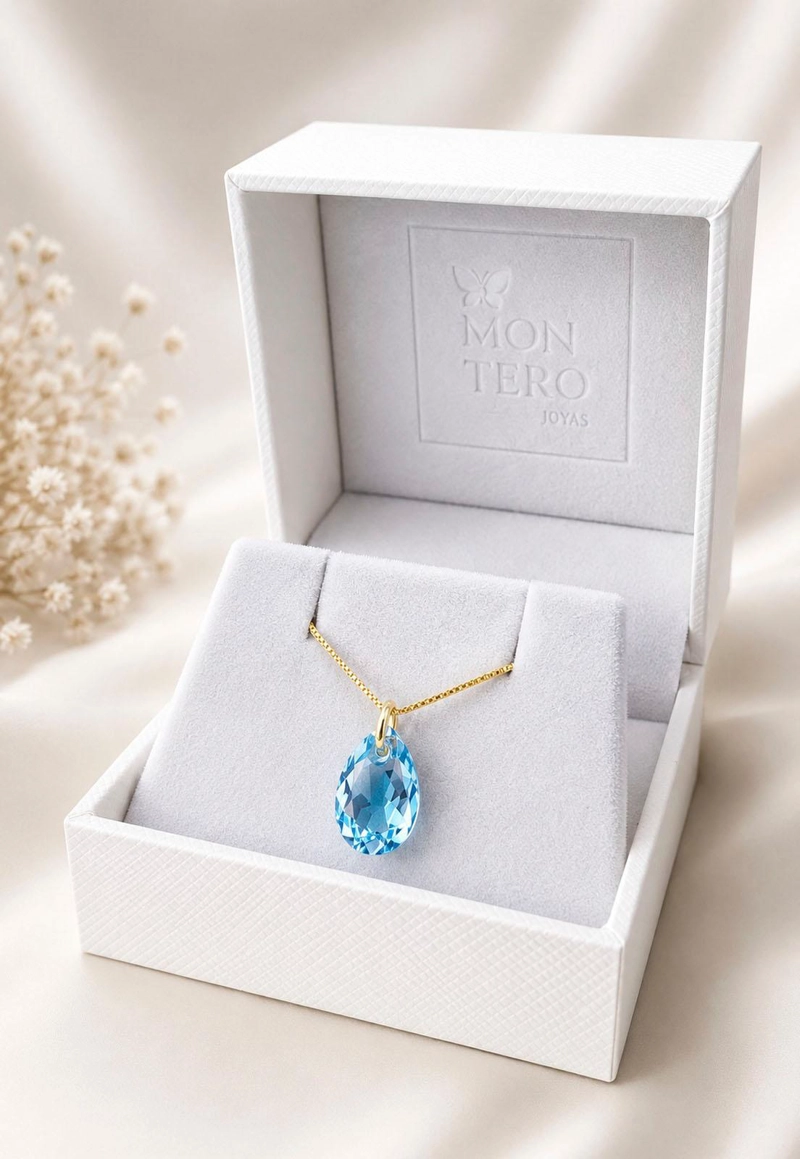 COLLAR JOYAS MONTERO GOTA DE LUZ GOLD CRISTALES GENUINOS AQUAMARINE SHIMMER - 3
