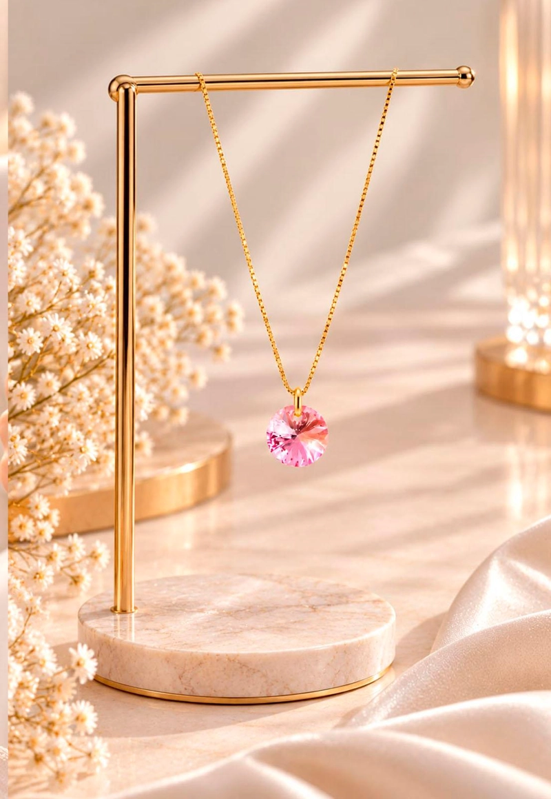 COLLAR JOYAS MONTERO PUNTO DE LUZ GOLD CRISTALES GENUINOS LIGHT ROSE - 2