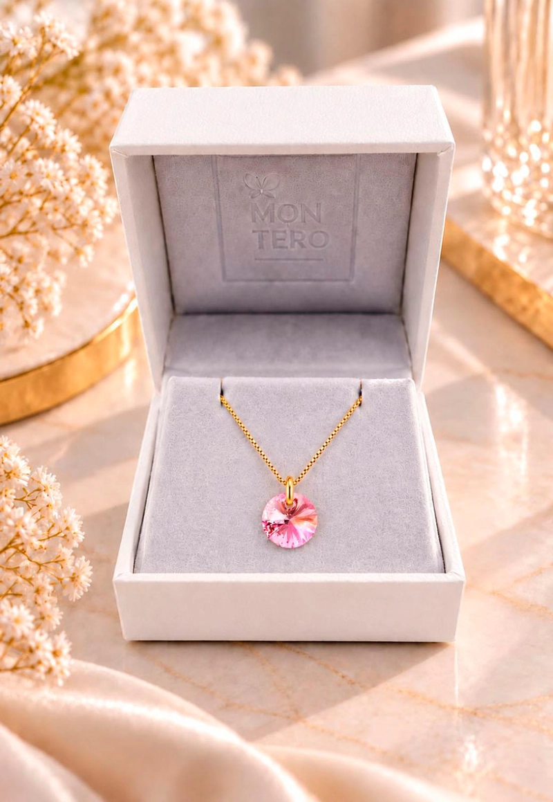 COLLAR JOYAS MONTERO PUNTO DE LUZ GOLD CRISTALES GENUINOS LIGHT ROSE - 3