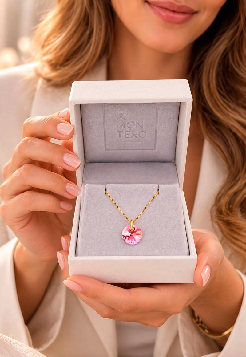 COLLAR JOYAS MONTERO PUNTO DE LUZ GOLD CRISTALES GENUINOS LIGHT ROSE - 4