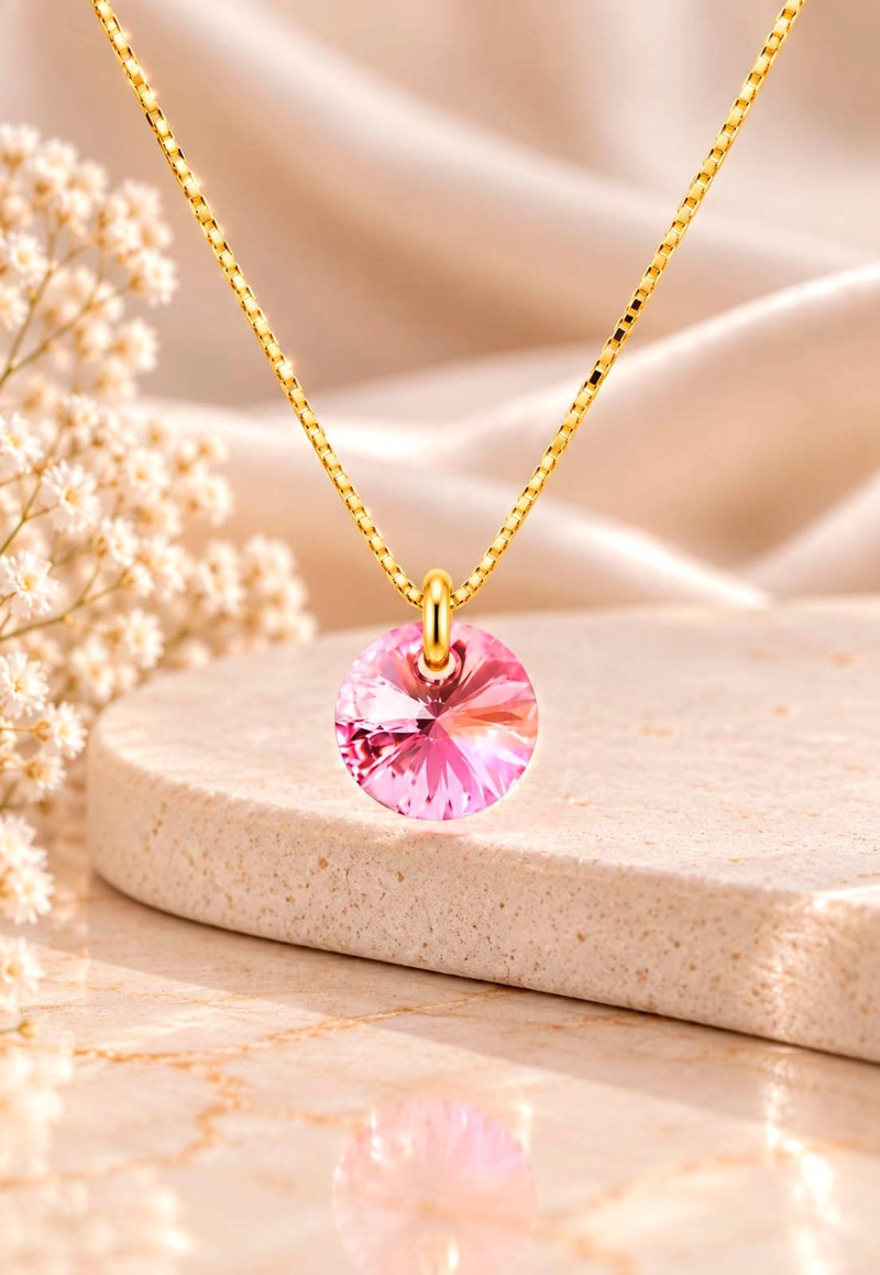 COLLAR JOYAS MONTERO PUNTO DE LUZ GOLD CRISTALES GENUINOS LIGHT ROSE - 7