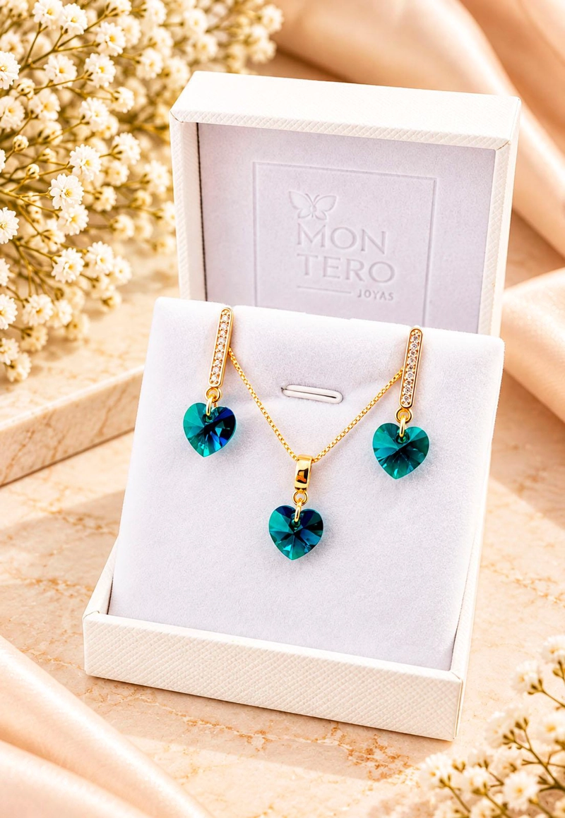 CONJUNTO JOYAS MONTERO ROMANCE GOLD CRISTALES GENUINOS EMERALD - 3