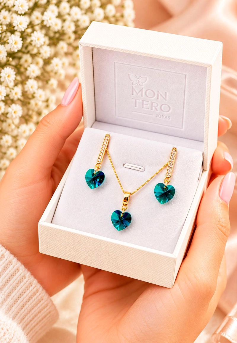 CONJUNTO JOYAS MONTERO ROMANCE GOLD CRISTALES GENUINOS EMERALD - 7