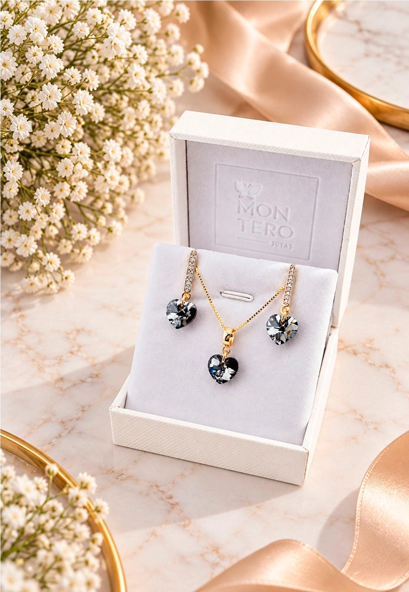 CONJUNTO JOYAS MONTERO ROMANCE GOLD CRISTALES GENUINOS SILVER NIGHT - 3