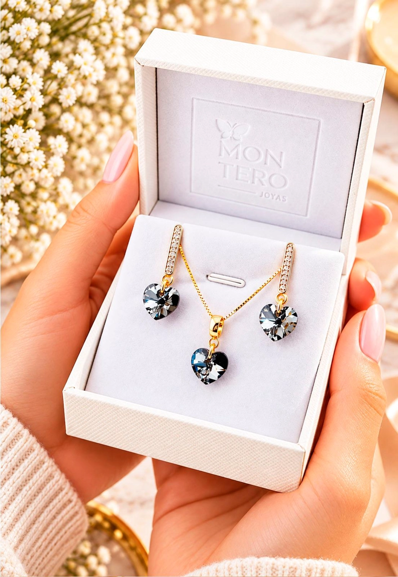 CONJUNTO JOYAS MONTERO ROMANCE GOLD CRISTALES GENUINOS SILVER NIGHT - 5