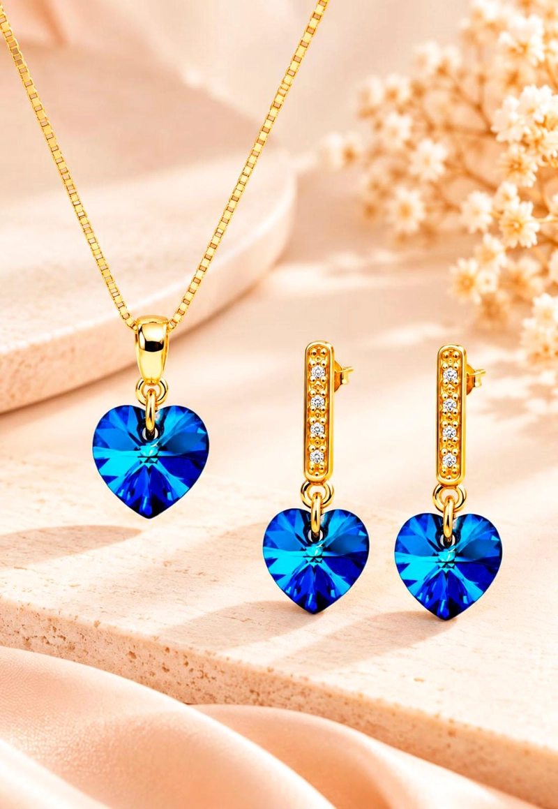 CONJUNTO JOYAS MONTERO ROMANCE GOLD CRISTALES GENUINOS BERMUDA BLUE - 2