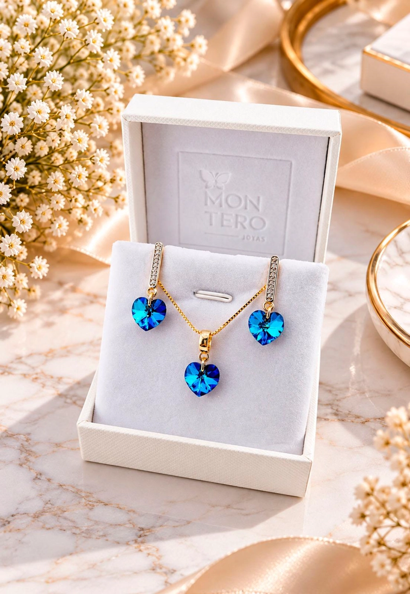 CONJUNTO JOYAS MONTERO ROMANCE GOLD CRISTALES GENUINOS BERMUDA BLUE - 3