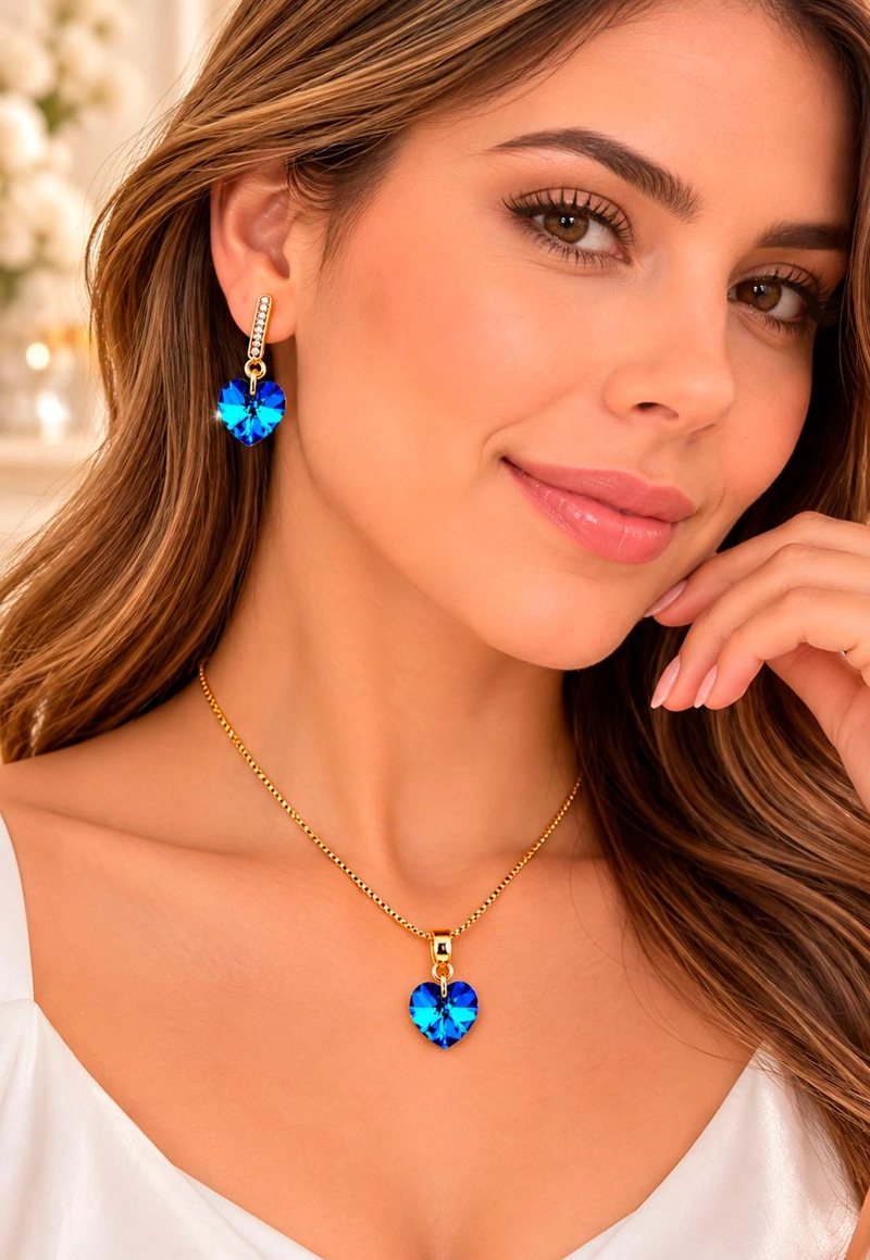 CONJUNTO JOYAS MONTERO ROMANCE GOLD CRISTALES GENUINOS BERMUDA BLUE - 4