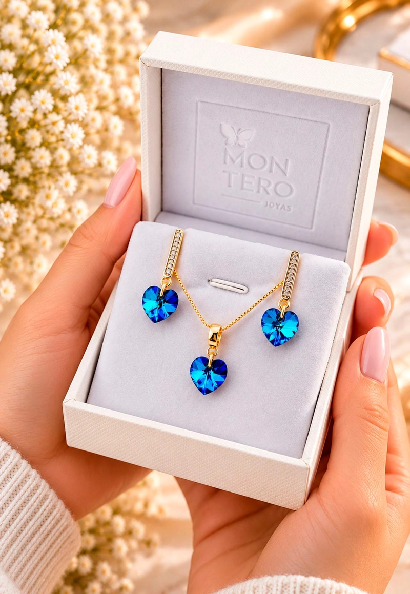CONJUNTO JOYAS MONTERO ROMANCE GOLD CRISTALES GENUINOS BERMUDA BLUE - 5