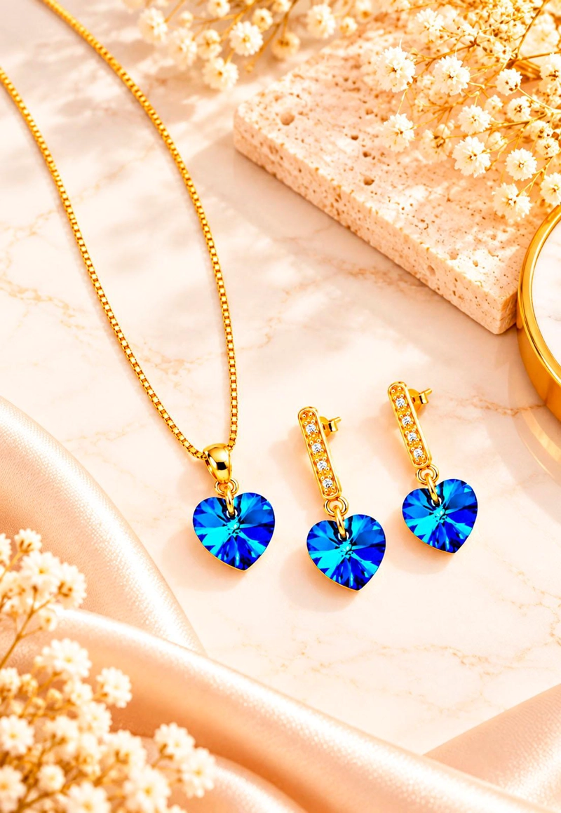 CONJUNTO JOYAS MONTERO ROMANCE GOLD CRISTALES GENUINOS BERMUDA BLUE - 6