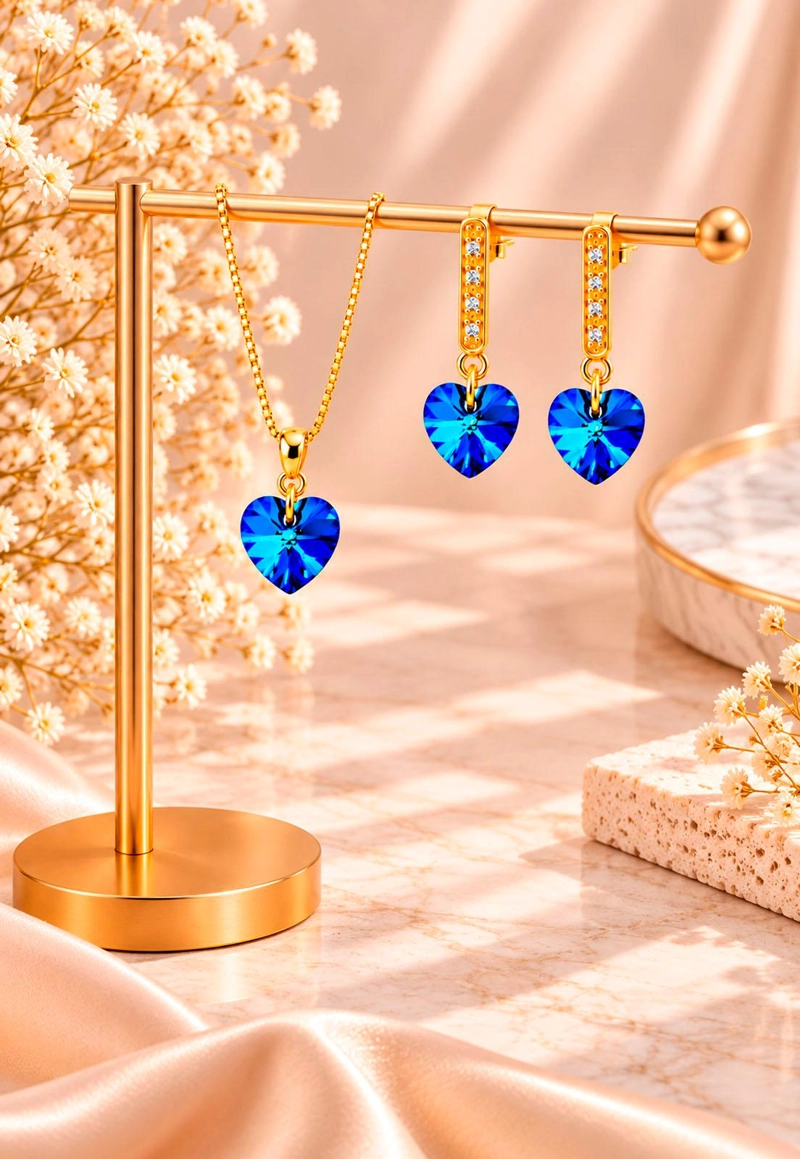 CONJUNTO JOYAS MONTERO ROMANCE GOLD CRISTALES GENUINOS BERMUDA BLUE - 7