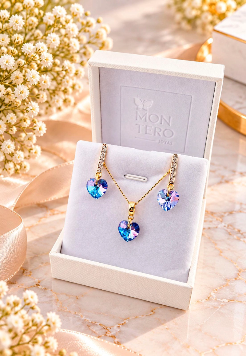 CONJUNTO JOYAS MONTERO ROMANCE GOLD CRISTALES GENUINOS VITRAL LIGHT - 3