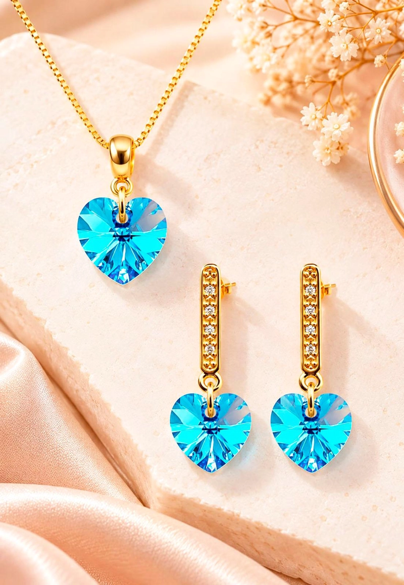 CONJUNTO JOYAS MONTERO ROMANCE GOLD CRISTALES GENUINOS AQUAMARINE - 2