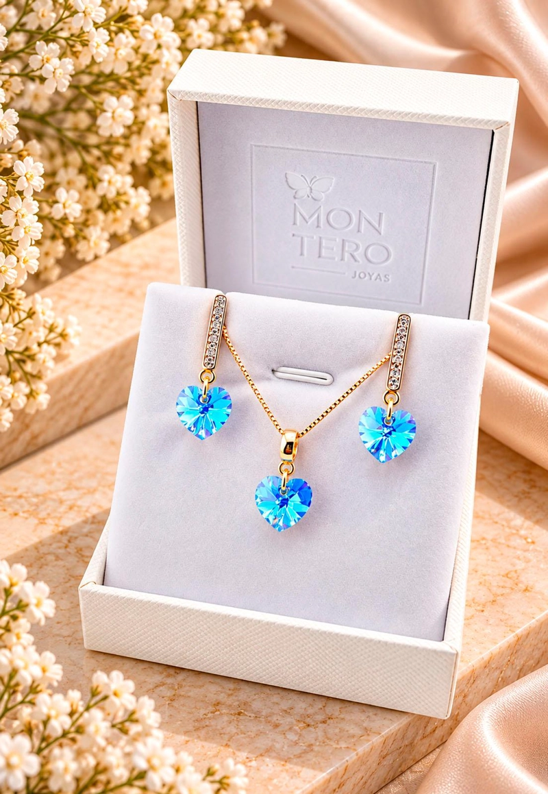 CONJUNTO JOYAS MONTERO ROMANCE GOLD CRISTALES GENUINOS AQUAMARINE - 3
