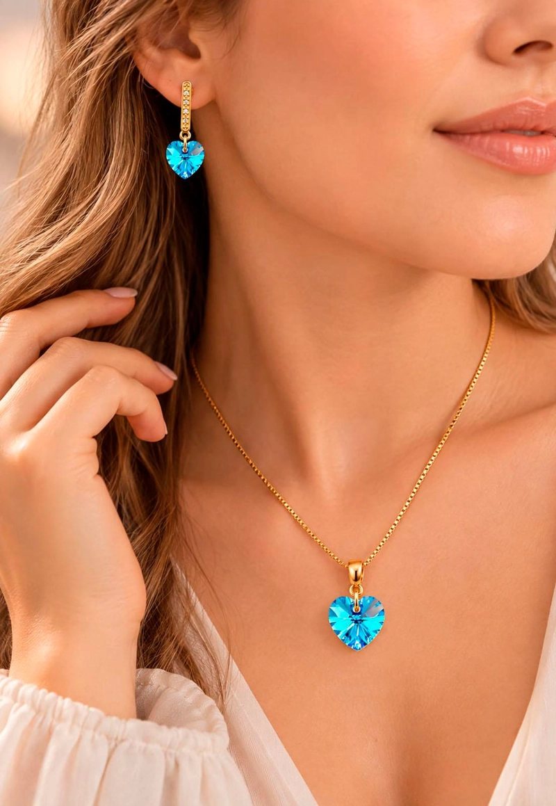 CONJUNTO JOYAS MONTERO ROMANCE GOLD CRISTALES GENUINOS AQUAMARINE - 4